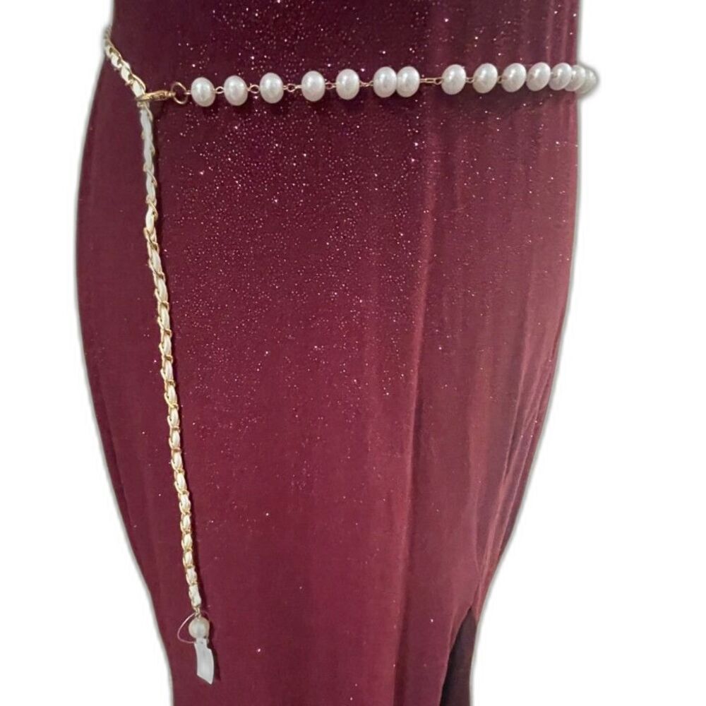 New Women's Vintage Gold Tone Chain Link Belt DANGLE Faux PEARLS Adjustable 44"